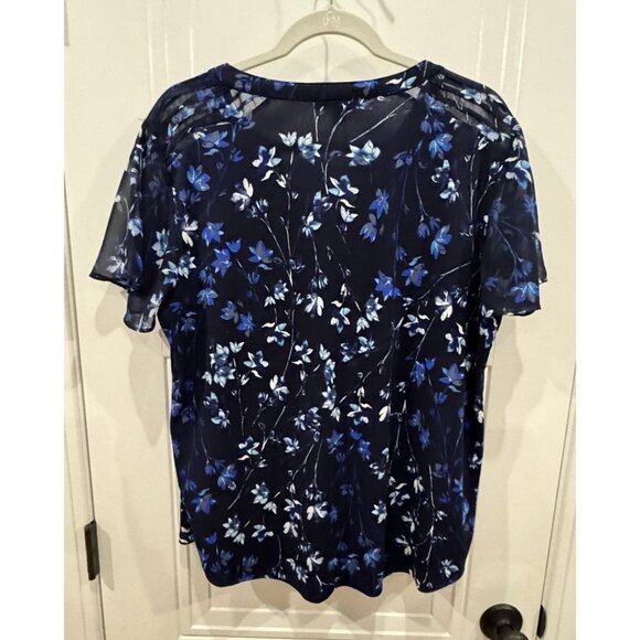 Roz & Ali XL Navy Blue & White Short-Sleeve Blouse Flutter Sleeves EUC Workwear - Picture 2 of 8